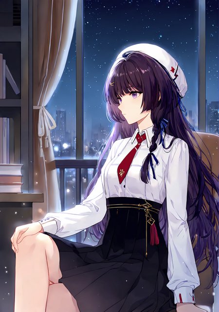 masterpiece,best quality,<lora:fat-noob05:1>,
lovebrush chronicles,heroine (lovebrush chronicles),1girl,solo,window,sitting,hat,curtains,indoors,chair,night,shirt,long sleeves,purple eyes,sky,bangs,ribbon,book,braid,purple hair,night sky,white shirt,long hair,bookshelf,city lights,star (sky),closed mouth,hair ribbon,hair ornament,crossed legs,raiden mei,starry sky,blue ribbon,beret,cityscape,white headwear,skirt,hand on own knee,city,black hair,light particles,breasts,red necktie,necktie,table,desk,side braid,collared shirt,black skirt,high-waist skirt,hat ornament,