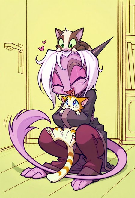 score_9, score_8_up, score_7_up,namah_calah,
1girl,solo,furry,tail, source_furry,horns,
 ,<lora:namah_calah_illustrious:0.8>,
child, kid,
animal, cat, cute, playing with animal, happy, fluffy, petting, indoors, soft shading, paw pads, excited, heart symbol, plays with a fluffy kitten, giggling as she gently pats its head. The kitten reaches out with tiny paws, looking playful. The background is warm and soft, adding to the wholesome mood