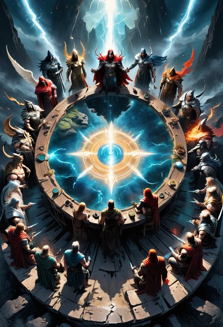 meeting of the gods in a giant round table, digital painting, mixed media, trending on artstation and deviantart, epic composition, highly detailed, 8 k 
<lora:add-detail-xl:0.4>, <lora:xl_more_art-full_v1:0.4>