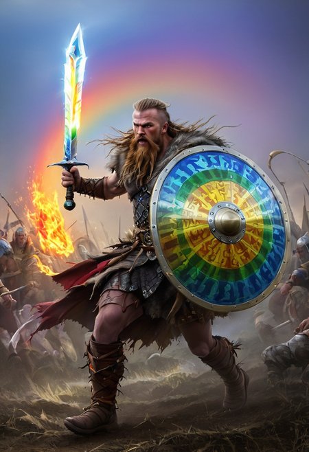 VALHERO neouv, viking warrior holding rainbow shield and rainbow sword while running through the battle of ragnarok
