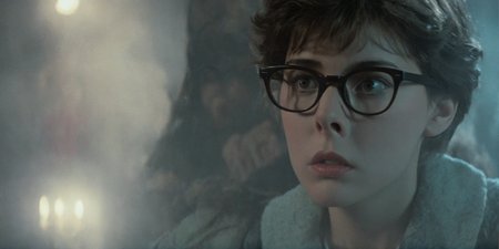 Horror-themed,  <lora:Fright Night 1985 Film Style:1>
Cinematic Closeup Shot Film Footage captured by Panavision Cameras and Lenses, Alex a nerd looking young woman with glasses staring at camera with a surprise look on her fac Fright Night 1985 Film Style, Eerie, unsettling, dark, spooky, suspenseful, grim, highly detailed