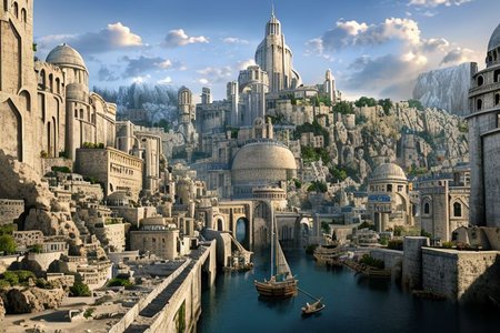 (masterpiece:1.2), (best quality,:1.2), 8k, HDR, ultra detailed, ((photorealistic)), professional light, cinematic lighting, fashion photography, ambient lighting, atmospheric effects, Numenor, a medieval fantasy city at the ocean, a big harbour, some ships, statues, towers, walls, <lora:Numenor-10:1>, in the style of Middle Earth, Tolkien, Minas Tirith, epiCPhoto