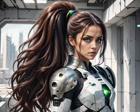 a closeup portrait photo battleworn soldier, a beautiful mature persian woman with deep green piercing eyes, extremely detailed facial features, long dark brown hair, mega ponytail, big hair, thick hair, tidy hair, destruction and debris, future modern architecture, backlighting, clean white hallway in background, futuristic (shiny) reflective armor, mech armor, high tech, advanced technology, (((mirrored stainless steel))), small pupils, looking beyond the camera, intense, serious, large upper body, feminine, lens flare <lora:xl_mega_ponytail-1.0:0.7>