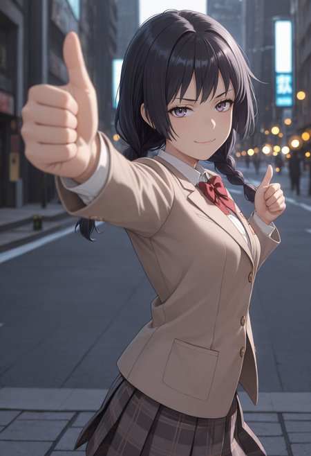 masterpiece,best quality,absurdres,highres,very aesthetic,high quality,detailed,insanely detailed,beautiful,perfect lighting, ,depth of field,blurry background,bokeh, looking at viewer, (thumbs up),arm up, reaching hand, smile,close-up, very awa, masterpiece, best quality, highres, absurdres, newest, white background, front view, from side, smug,, looking at viewer, v sign, v, street, cityscape, 
 , <lora:Awatsuki Maaya illu:1> 1girl, black hair, long hair, braid, twin braids, purple eyes, bow tokiwadai school uniform, winter uniform, red bowtie, brown jacket, plaid skirt, white shirt, blazer, pleated skirt, closed mouth, collared shirt, long sleeves, miniskirt, dress shirt,