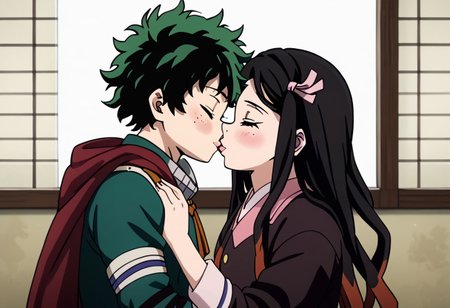 Kamado_Nezuko, Midoriya Izuku, kiss, closed eyes