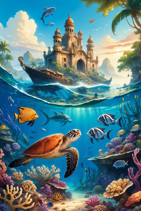 Beneath the shimmering surface of the ocean lies an extraordinary underwater realm, a testament to the wonders of the deep sea. Here, nestled amidst the azure waters, lies an ancient underwater city of mythical proportions. Its towering spires and intricate architecture speak of a civilization lost to the sands of time, a testament to the ingenuity and artistry of its long-forgotten inhabitants.
As one ventures deeper into this enigmatic underwater world, they encounter a myriad of rare and exotic marine life forms. Schools of iridescent fish dart through the crystal-clear waters, their vibrant hues creating a mesmerizing spectacle. Giant sea turtles glide gracefully past, their ancient wisdom reflected in their serene movements.
Amidst the underwater city's ruins, vibrant coral reefs teem with life. Exotic sea creatures, from delicate seahorses to majestic manta rays, call these reefs home. The coral itself, in all its kaleidoscopic glory, forms a living tapestry of colors and shapes, providing shelter and sustenance to a diverse array of marine species.
The underwater landscape is further adorned by towering underwater rock formations, sculpted by centuries of ocean currents and tides. These majestic seascapes create a dramatic backdrop to the thriving ecosystem below, adding to the sense of wonder and awe that permeates this mysterious underwater world.
In this strange and wondrous underwater realm, the boundaries between reality and fantasy blur, inviting explorers to delve deeper into its depths and uncover the secrets that lie hidden beneath the ocean's surface.
<lora:add-detail-xl:0.85>,
<lora:EnvyBetterHiresFixXL01:1.0>,
<lora:extremely_detailed:1.0>, extremely detailed,  <lora:ral-anmwrlds-sdxl:0.8>, ral-mtclniscp,