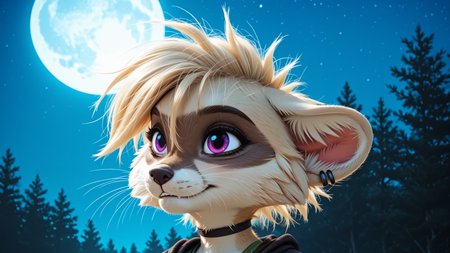 (detailed background:1.2), photorealistic, high quality, image depth, cinematic lighting, photorealistic, detailed shading, <lora:pony_good_hands:1>, solo, masterpiece, highest quality, detailed face, deep shadows, SFW, night setting, <lora:Beautiful Detailed Eyes:1> <lora:Detailed_eyes:1>, fluffy fur, (Brooke,1girl,solo,furry female,racoon girl,purple eyes,blonde hair,short hair,bangs,body fur,two tone fur,grey fur,white fur,tail,black choker,snout,animal nose,whiskers,earings,piercing, armless green top, anthro, fluffy, fluffy fur, paws, moon, trees, tunic, pants, cape, scarf, leg wrap),  <lora:Brooke_v01_ILXL:1>, half closed eyes, score_9, score_8_up, score_7_up, score_6_up, score_5_up, score_4_up,