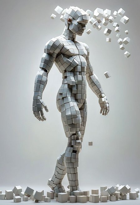 artcbd, Create an image of male figure composed entirely of cubes in various sizes. The figure should appear as if constructed from these geometric shapes, with distinct cubes forming the head, torso, arms, and legs. The cubes vary in size to represent different body parts proportionately, creating a visually interesting and abstract representation of a human body. The composition should be clear, with a focus on how the blocks assemble to mimic human anatomy. The background should be neutral to emphasize the figure