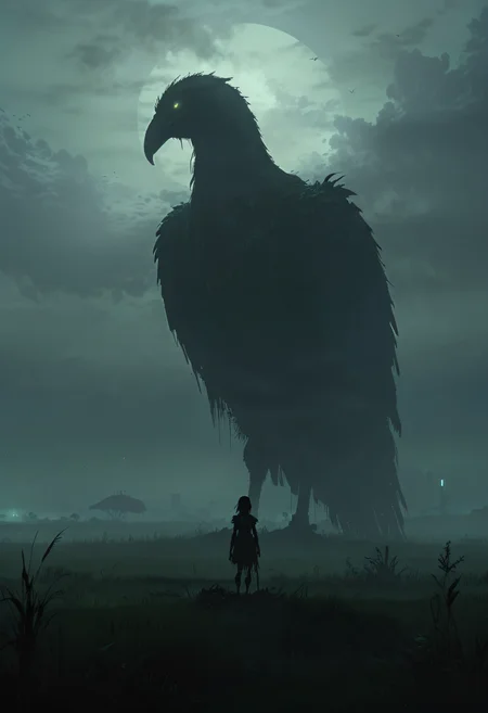 a large gigantic bird sitting on top of a lush field in front of a small female silhouette, concept art, conceptual art, extremely dark lighting and heavy fog, detailed silhouette, shadow of the colossus, night blade runner
<lora:add-detail-xl:0.5> <lora:xl_more_art-full_v1:0.5>