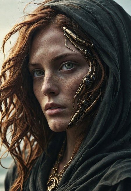 Super Closeup Portrait, Create a DARK dystopian description capturing the essence of a freckled cyborg woman in a close-up photograph, featuring real human DARK green-gray eyes with an intense gaze. The subject has long flowing hair, draped in a ghostly black linen cloak billowing in the wind. The face is a striking fusion of half-cyborg with intricately crafted gold elements and half-human skin, creating a mesmerizing and enigmatic presence. standing at the ocean in bright sunlight, ethereal, sunray, 
very detailed, atmospheric haze, Film grain, cinematic film still, shallow depth of field, highly detailed, high budget, cinemascope, moody, epic, OverallDetail, gorgeous, 2000s vintage RAW photo, photorealistic, candid camera, color graded cinematic, eye catchlights, atmospheric lighting, skin pores, imperfections, natural, shallow dof
