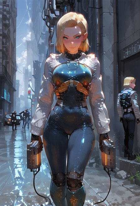 score_9,score_8_up,score_7_up,source_anime, 1girl, (((master piece:1.2))),(((best quality:1.2))),(((ultra detailed))),(((1girl))),(((intricate))),(((anime screencap))),(((very aesthetic:1.2))),((( Cite 17 background))),(((absudres:1.2))),(((embroidered))),(((scenery))),((extremely detailed CG)),(dynamic angle:1.4),vensu bdy woman in sci fi outfit standing on deserted street holding gravity gun, 
BREAK,
half life (series), (android 18 reimagined as a scientist in hev suit from half life 2),breasts, 1girl, blonde_hair, blue_eyes, (dynamic pose:1.4), Cite 17 background, smile, solo, looking_at_viewer, detailled_background, blonde android 18_hair, blush, boots, gloves, standing, cowboy_shot, hev armor style, holding a crowbar, weapon, solo focus, holding, outdoors, covered navel, hev suit bodysuit
BREAK;
(intricate details:1.12), (intricate details, hyperdetailed:1.15), hdr, dystopian sci-fi city, (at day:1.2), cinematic, half life aesthetic, science aesthetic, ominous background, bimbo atmosphere, lustful atmosphere, gray and pastel theme, city background, ground vehicle, motor vehicle, car, building, electric cable, camera,