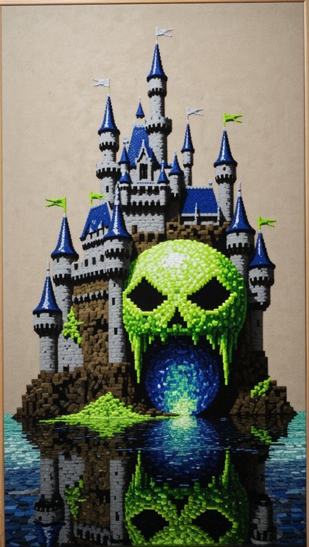 (epic:1.2), trending on artstation, (high quality:1.2), (masterpiece:1.2), high details, incredibly absurdres, colorful), (Slice-of-Life:1.31), (pixel art:1.36), (neo-expressionism:1.31), (Superhero style:1.31), (graffiti:1.31), (canvas:1.29), (embroidery:1.19), (moody:1.25), (antique photo:1.13) ,, (object: (Ultra Ball:1.21)) (mood: (Sad:1.35), downturned mouth, drooping eyelids, furrowed brow) , (color scheme:(sapphire blue and fluorescent green:1.25)), (location: (floating castle:1.24),(art gallery:0.56))