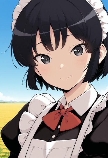 kujyou_meika, black eyes, black hair, short hair, maid headdress, maid, maid apron, dress, red bowtie, long sleeves, puffy sleeves, <lora:kujyou_meika_illustrious_ver1:0.8> 
smile, 
1girl, solo, (field:1.2), (blue sky:1.2), looking at viewer,, masterpiece, best quality, general,, (upper body:1.2), (close-up:1.2), (facing viewer:1.2), (open eyes:1.4), (portrait:1.2)