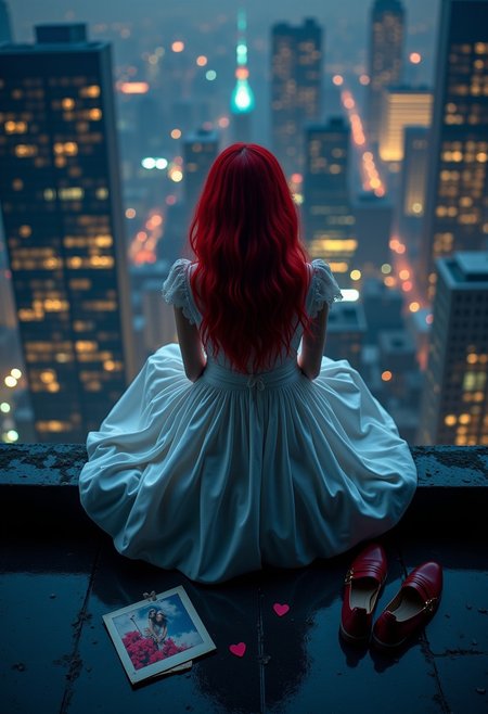 A girl in a white dress with red hair sits on the edge of a skyscraper roof and looks down at the neon lights of a night metropolis. smoky air, Next to her lies a ((torn)) in two wedding photo of her and her fiancé and a torn valentine, and her removed shoes stand nearby. View from above, from behind.
