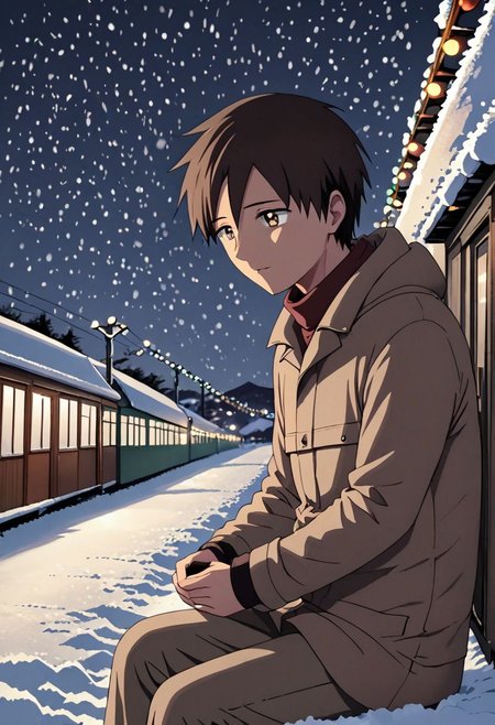 high resolution, solo, best quality, 1Boy, Takaki Toono, Brownish Hair, Brown Eyes, winter, Northern Lights, Stargazing, OverallDetail