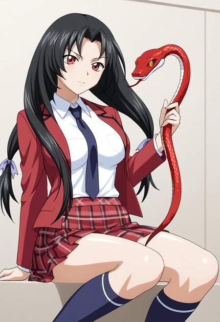 score_9, score_8_up, score_7_up, BREAK source_anime, masterpiece, anime screencap, shiny skin, 
1girl, solo, kaku bunwa, long hair, black hair, twintails, red eyes, large breasts, hair ribbon,  <lora:kaku_pony-000006:1>
school uniform, white shirt, red blazer, dark blue necktie, red skirt, plaid skirt, socks, loafer, sn4k3, snake, snake on shoulders, upper body