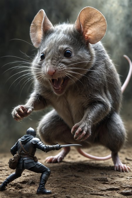 by Ben Goossens and Peter Milligan,   action shot, fighting, fantasy, gigantic pet mouse, bosstyle <lora:boss_battles:0.55>   <lora:more_art:0.20> <lora:RMSDXL_Enhance:0.45> <lora:RMSDXL_Creative:0.35> <lora:RMSDXL_Photo:0.45> <lora:RMSDXL_Darkness_Cinema:0.50> <lora:clothing_slider:1.00>  <lora:great_lighting:1.00> <lora:aesthetic:0.85> <lora:looking_at_viewer:0.75> <lora:photorealistic_portrait_v2:0.15> <lora:attractive_v2:0.15> <lora:extremely_detailed_v2:0.15> <lora:XDetail_heavy:0.45> <lora:add_detail:0.75> <lora:perfect_eyes:0.15> <lora:perfect_hands:0.15> <lora:midjourney:-0.15>