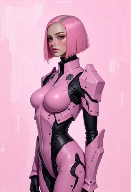 a realistic renaissance dry brush painting. a female android. she wears a fitted body suit, made of brushed metal, colored pink with black accents. the suit's design is angular, faceted and futuristic, adorned with intricate riveting and trimmings. the armor has hyper detailed textures, is weathered and with chipped paint, revealing bare steel. 
her pink inverse bob is sharp cut and asymmetric. 
her posture is heroic and her expression confidently directed into the distance. 
the pink textured background is luminous and enhances the ethereal feel.
the lighting is luminous, bright and even, casting gentle shadows that enhance details.