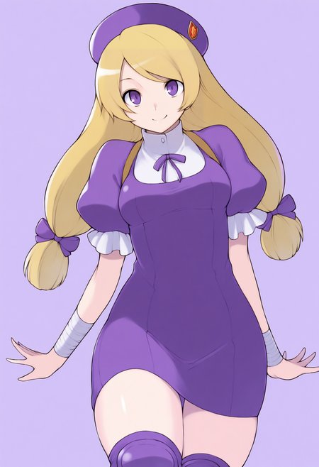 masterpiece, best quality, solo, 1girl, smile, looking at viewer, <lora:Yasuda-Suzuhito-illus_Fp:1>, simple background, <lora:HinakoKof-illus_Fp:1>, h1nak02, blonde hair, purple eyes, long hair,  twintails, purple beret, collared dress, purple dress, neck ribbon, puffy sleeves, knee pads, bandages, hair bow,
