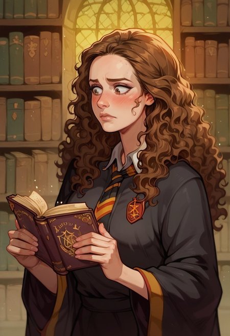 close up, score_9, score_8_up, score_7_up, score_6_up, 1 woman, Hermione Granger(/Harry potter)/, reading book, blush, bushy brown hair, long hair, wizard's robe, library <lora:Akabur:0.7>  <lora:Hermione_Granger_-_Harry_Potter_Pony_NSFW:0.7>