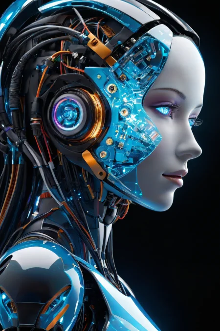 colorful fractal <lora:colorful_04_colorful_fractal:1.0>,
A futuristic side portrait of a humanoid robot. The robot's body is made of translucent materials,and its internal structure is clearly visible,including circuit boards and light-emitting elements. The robot has soft facial features with feminine features,including long hair and breasts. The robot's head and neck are structurally complex,with many connecting points and lines,suggesting its precise construction and possible versatility. High-tech and futuristic living concepts,cold and mechanical beauty,bioluminescence,fiber optics,masterpieces,octane rendering,unreal engine,,
amazing, beautiful, breathtaking, astonishing, brilliant,
