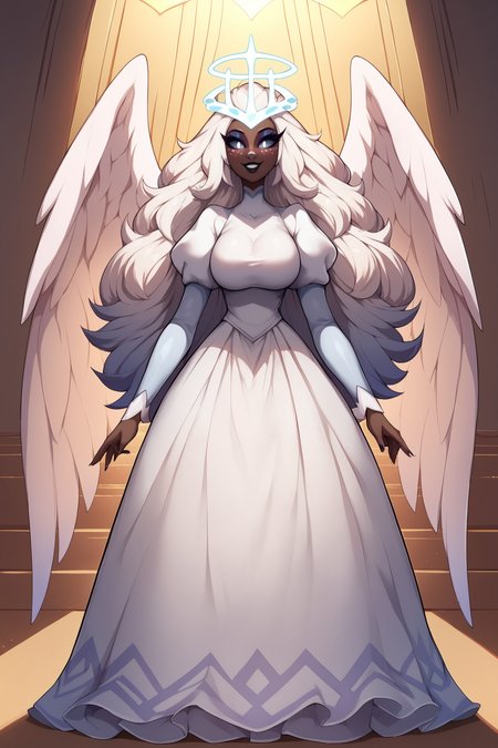 score_9, score_8_up, score_7_up, score_6_up, score_5_up, score_4_up, SeraHHXL, dark skin, colored skin, no ears, white nose, white freckles, makeup, black lips, colored sclera, white eyes, black pupils, white hair, long hair, halo, glowing halo, angel wings, large breasts, puffy sleeves, white dress, long slevees, long skirt, solo, standing, full body, seductive smile, looking at viewer, heaven  <lora:SeraHHXL:0.8>