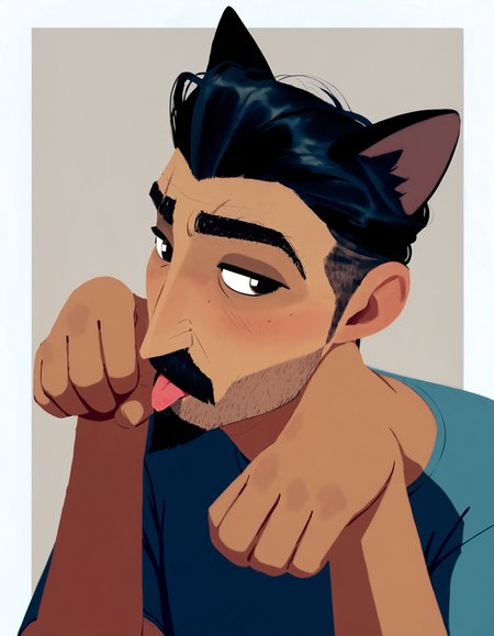 absurdres, score_9, score_8_up, score_7_up, score_6_up, score_5_up, score_4_up, rating_explicit, rating_questionable, 1boy, solo, male focus, ballister, thick mustache, goatee, black eyes, brown eyes, thick eyebrows, thick, mustache, hair slicked back, short hair, facial hair, (dark skin, dark skinned male:1.2), black hair, undercut, beard stubble, eyebrow cut, mature male, looking to the side, half-closed eyes, blue t-shirt, tongue out, lineless, (cat ears, paw pose:1.1), blush, v-shaped eyebrows, 1boy, solo, male focus, ballister, thick mustache, goatee, black eyes, brown eyes, thick eyebrows, thick, mustache, hair slicked back, short hair, facial hair, (dark skin, dark skinned male:1.2), black hair, undercut, beard stubble, eyebrow cut, mature male, looking to the side, half-closed eyes, blue t-shirt, tongue out, lineless, (cat ears, paw pose:1.1), blush, v-shaped eyebrows, open friendly, generous, heavenly atmosphere, detailed, intricate, stunning, highly enhanced, beautiful, attractive, cinematic, dramatic ambient, full background, sharp detail, great light, coherent, glowing rich colors