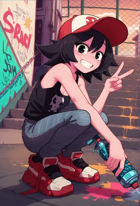 masterpiece,best quality,amazing quality, <lora:marigold_cabronpr_noob_v1.1f:0.75> marigold, 1girl, solo, no nose, black eyes, baseball cap, grin BREAK
<lora:groovy_smooth_style_illustrious_v1f:1> groovysmoothstyle, chromatic aberration, urban, sunset, chain-link fence, graffiti, stairs, tank top, jeans, spray paint, holding spray paint, squatting, sneakers, v-sign