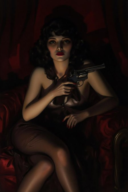 rolfarmstrong1 illustration.
a mysterious woman with dark, wavy hair and piercing eyes sits on a sofa with her legs crossed, in the shadows of a dimly lit room. She is holding a small revolver with a delicate yet firm grip. Her red lipstick is the only color that stands out in the darkness, her intentions unclear but dangerous 
 <lora:rolfarmstrong1_cap_d8a4:1.0><lora:862808614492981041:0>