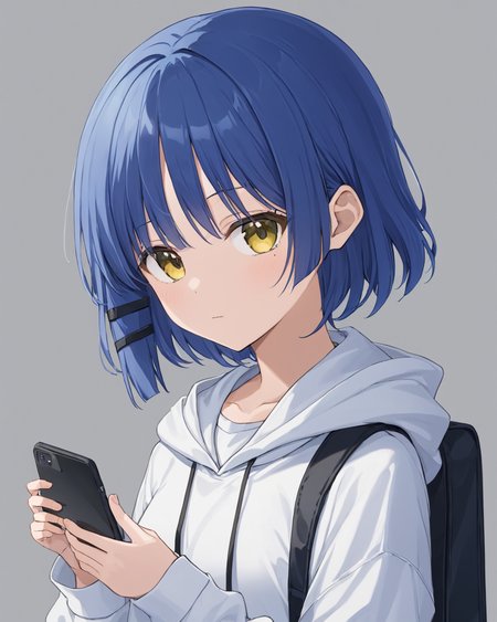yamada_ryo,1girl, solo, mole_under_eye, holding_phone, simple_background, hoodie, instrument_case, closed_mouth, collared_shirt, long_sleeves, hairclip, white_shirt, grey_background, looking_at_viewer, smartphone, upper_body, hood_down
<lora:yamada_ryo_image1086_2023-11-22:1>. gorgeous,key visual, vibrant, studio anime,award-winning, professional, highly detailed,high budget, cinemascope