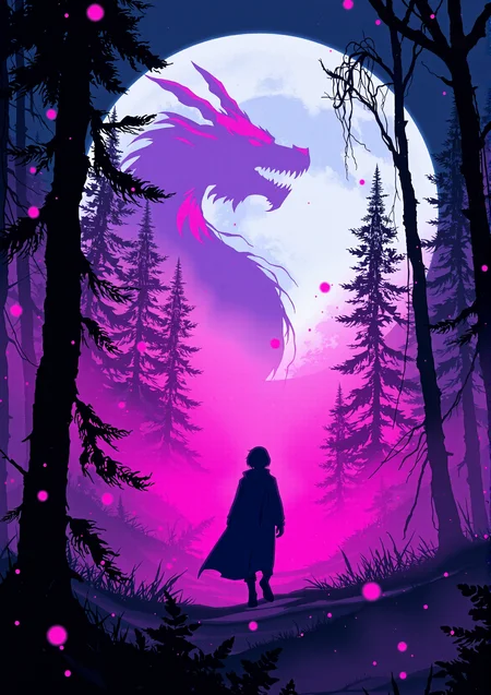 realistic, In a cyberpunk-inspired realm, Theme: Futuristic, cyberpunk-inspired tarot deck The Moon: A figure, walking through a dark, foggy forest, is haunted by ghostly apparitions. The background is the silhouette of a dragon emerges from the darkness, its form composed of the same vibrant energy. The entire scene is bathed in a contrast of deep blacks and brilliant pinks, creating a dynamic and visually striking composition. Particles of light scatter through the air, adding to the mystical atmosphere. This digital illustration blends elements of anime artistry with futuristic aesthetics, resulting in a captivating image that radiates energy and intensity.