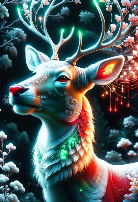 Abstract art in the style of Andy Kehoe, nose focus, hyperdetailed portrait of a  deer , (((glowing neon red neon nose))), (((red neon glowing bright snout))), emerald ornate, intricate, soft, dreamy, fireflies, golden ratio, perfect composition, pale background,