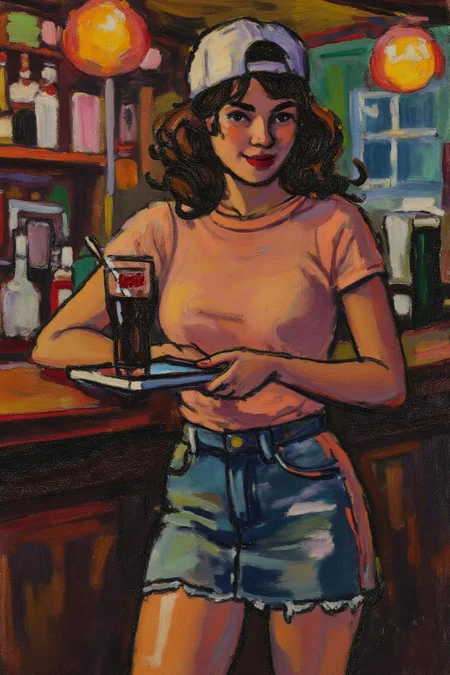 henrylymansayen1 painting.
The air buzzes with the energy of a busy bar, a mix of music, conversation, and the clinking of glasses. A barmaid, the embodiment of youthful vibrancy, navigates the lively scene. She wears a peach-coloured T-shirt, the soft fabric contrasting with the smooth, cold glass of coke she carries on a small tablet. Her short skirt adds a playful touch, and a backwards baseball cap hints at a carefree attitude. The setting and atmosphere are palpable: the warm, slightly sticky surface of the bar counter under her fingertips, the dim, colourful lighting that casts playful shadows. Sensory details are abundant: the condensation forming on the glass of coke, the texture of her denim skirt, and the way the bar lights catch the highlights in her hair. Her confident stride, her quick smile, and her efficient movements. Stylistically, the image draws inspiration from the vibrant, candid shots of nightlife photographers, with a touch of the stylized realism found in contemporary illustration. There's a deliberate contrast between the barmaid's youthful energy and the slightly worn, lived-in atmosphere of the bar, creating a dynamic and engaging image. 
 <lora:henrylymansayen1_cap_d6a3:1.0><lora:861473476664367797:0>