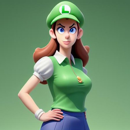 1woman, Luigette, no mustache, no facial hair, adult woman, long nose, extremely long face, extremely long and narrow head shape, very weak chin, extremely weak jawline, brown hair, lightly wavy hair, blue eyes, extremely tall eyes, average bust, average hips, average waist, tennis uniform, green sleeveless shirt, blue two-tone skirt, super crown, crown, no hat, no luigi hat, no aura,