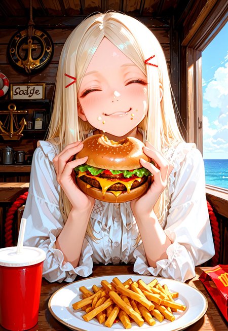 score_9,(masterpiece, best quality, dynamic angle),2.5d,1girl,18yo,closed eyes,light blonde hair,straight hair,parted bangs,thin white colored hair pins,from below,
BREAK

wearing white blouse,

smiling, eating hamburger, a few of sauce on cheek, hamburger with bite marks, half-wrapped in brown paper, holding the wrapped part, sitting in a seaside café, nautical decorations, model ships, red and white lifebuoy, ropes, bright atmosphere, port town setting, detailed background, plate full of French fries, fries piled high on the plate,