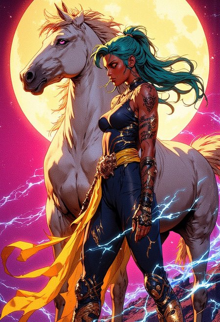 (digital illustration) A striking female figure stands against a glowing magenta background, illuminated by a massive golden crescent moon. Her long, flowing teal hair is styled into a high ponytail, cascading in sharp, layered strands. Her deep bronze skin glows under the moonlight, accentuated by intricate black tattoos swirling along her toned arms. She wears a sleek, sleeveless indigo bodysuit with gold detailing, tightly fitted to her athletic frame. A flowing, translucent yellow sash wraps around her waist, secured by an ornate metallic clasp. Her hands are adorned with black, fingerless gloves that extend past her elbows, enhancing her powerful presence.  
She stands with confidence, her left arm extended toward a towering white horse with a shimmering golden mane, its piercing violet eyes locked onto hers. The horse’s muscular form exudes both elegance and power, its stance suggesting an unbreakable bond with the woman. Ethereal, swirling patterns in shades of electric blue and fiery orange weave through the background, creating a vivid, dreamlike atmosphere. The high-contrast palette heightens the intensity of the scene, blending fantasy and futuristic aesthetics with mesmerizing detail. The fusion of bold colors, sharp lighting, and fluid motion captures an otherworldly sense of strength and mysticism.