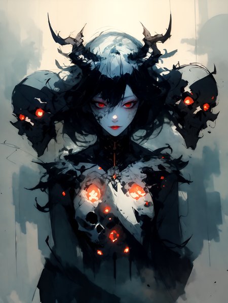 (absurdres, highres), (raw photo), (sketch:1.3), watercolor, extremely detailed, best quality, high quality, Break,    soft lighting, soft shading, caustics, monochrome, Break,    (1girl), messy hair, short hair, Break,    dimly lit, standing, thousand faces, Break,     glowing red eyes, smoke, fog, mist, (wall of faces:1.3), many demons, skulls, red lipstick, sparks, embers, (gem imbedded in chest),