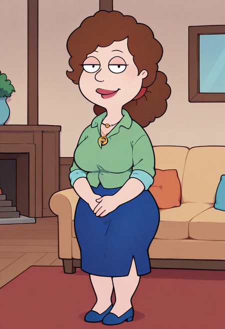 score_9, score_8_up, score_7_up, score_6_up, high quality, rounded eyes, style parody, cartoon style, 1girl, solo, living room, couch, indoors,
BREAK
unnamed girl, brown hair, black eyes, (mature female:1.5), (plump:1.2), large breasts, gigantic ass, gigantic hips, green sweater, rolled up sleeves, blue skirt, navy blue shoes, own hand together, smile, looking at viewer, long skirt, half-closed eyes, necklace,