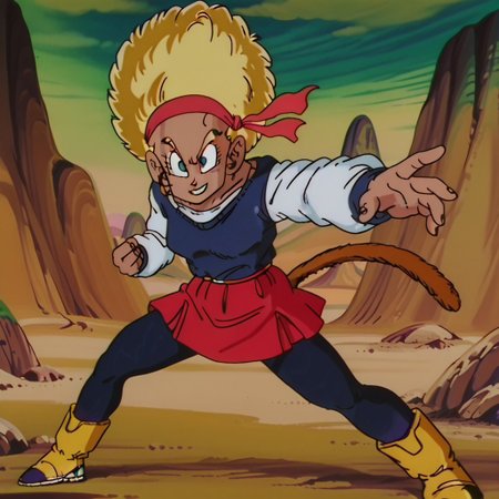 Rulah,1girl,Dark skin,afro hair,red headband,white shirt,dark blue sweater,red skirt with black lines,black leggings,yellow boots
Rulah transforming into a Super Saiyan. Spiky blonde hair, blue eyes, monkey tail. Alone, battle pose, electric aura. Desert background with mountains and rocks. Confident smile.
drgnbll
dynamic pose, foreshortening, extreme perspective