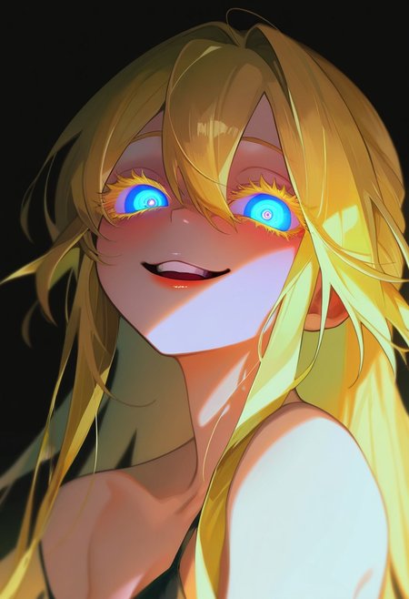 masterpiece, best quality, very aesthetic, high resolution, ultra-detailed, absurdres, newest, extremely detailed eyes, beautiful, perfect lighting, hi res, amazing quality, very awa, jui_sio, 1girl, blonde hair, blue eyes, long hair, looking at viewer, parted lips, sidelocks, yandere trance, crazy smile, black top, colored eyelashes, thick eyelashes, thick eyelashes, (glowing theme:1.2),