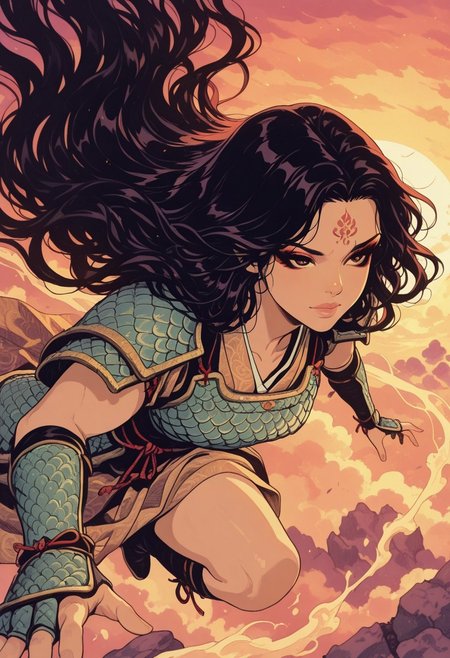 in the style of cksc, vibrant anime image, asian  warrior woman, long flowing hair, dark eyeshadow, dragon-scale armour, dynamic, detailed face