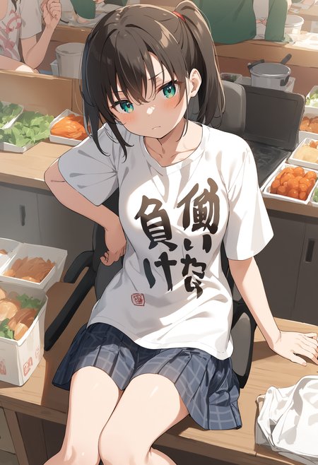 1girl,sincos, ningen mame, toosaka asagi,solo,medium breasts,school uniform,short sleeves,
you work you lose, clothes writing,  short sleeves, t-shirt, <lora:youworkyoulose_XL_v1:1>
from side, feet out of frame, looking at viewer, orange hair, aqua eyes,disdain, market, closed mouth,
best quality, very aesthetic, absurdres