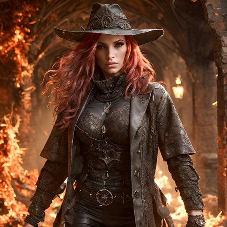 RAW photo, (masterpiece:1.3), subsurface scattering, heavy shadow, (high quality:1.4), (intricate, high detail:1.2), professional photography, HDR, High Dynamic Range, realistic, ultra realistic, photorealistic, high resolution, film photography, ambient lighting, atmospheric effects, <lora:detail_slider_v4:2>, OverallDetail,  Porcha, <lora:Porcha:1>, as a female witchhunter, green eyes, long curly hair, fiery red hair, wearing a long and wide buttoned coat, scarf, black pants, belt, wide hat, <lora:WitchHunter:0.75>, in a dark medieval run-down building, (upper body shot),   <lora:zoom_slider_v1:2>
