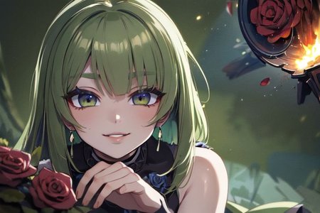 (masterpiece:1.4), 4K8K, (anime style), (high shutterspeed:1.4), (sharp edges), 
SyFyEye1, FanFo, 
1woman  hands togather,  leaning foward, face focus, smile, closed mouth, 
wearing Celtic style dress, (Detailed face, Detailed eyes, Detailed lips), (solo), 
olive hair, any colored roses, Fantastic, turf,
