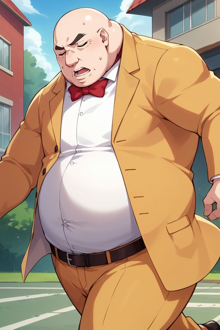 score_9, score_8_up, score_7_up, score_6_up, source_anime, BREAK male focus,  <lora:p5kobayakawa-pdxl-nvwls-v1-000005:1> p5principal, fat man, obese, bald, yellow jacket, formal, white shirt, red bow tie, belt, yellow pants, running, open mouth, sweat, tired, from side, closed eyes