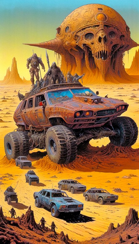 philippe druillet,moebius inspired heavy metal art "a band of post-apocalyptic survivors navigating through a desolate landscape, their modified vehicles bristling with makeshift armor and weapons, in the distance, a giant sandstorm is closing in", the contrast in colors and textures should be distinct grainy texture,sense of motion