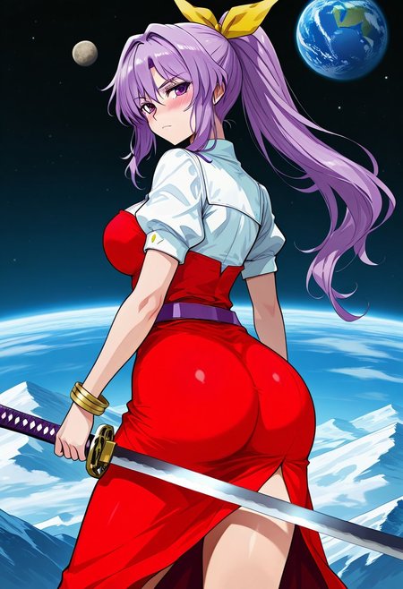 voyagehermitage style, ((outside)), ((lunar capital)), (planet earth on space), ((mountains)), ((large breasts)), 1girl, solo, (standing), (posing), ((from behind)), ((large ass)), serious, blush, ((closed mouth)), ((watatsuki no yorihime)), ((purple hair)), ((long hair)), ((ponytail)), ((purple eyes)) traditional media, (purple belt), red dress, looking at viewer, puffy short sleeves, bracelet, hair bow, hair ribbon, white shirt, ((legs)), ((holding katana))