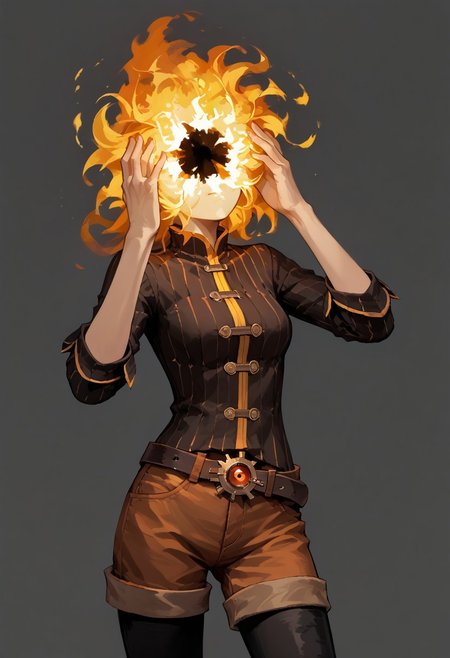 score_9, score_8_up, score_7_up,
lord_of_frenzy, fire head,
novakin, faceless, no eyes, no mouth, no nose, no facial features, short fiery yellow orange hair, body made of black plasma,
open hands, hands on face front,
hands on own head, 
shaft look, looking back, from behind, head tilt,
magical girl outfit, steampunk dress, boots, (brown shorts:1.1), black tights, medium breasts, belt,
simple background, grey background,