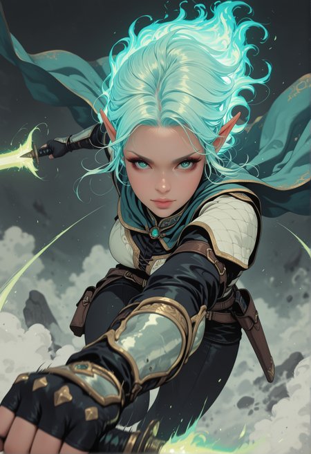 <lora:ck-nc-cyberpunk-IL-000011:0.2>, masterpiece, best quality, good quality, very aesthetic, absurdres, newest, 8K, depth of field, focused subject,
action shot, airborne, flying, holding energy sword, dual wielding, action pose, elf female, aqua eyes, looking at viewer, glowing hair, spinning, graceful, realistic, steam, motion lines,
whimsical, aura, motion lines, dynamic, action shot, wide pov shot, fighting, 
in the style of cknc,
<lora:MoriiMee_Gothic_Niji_Style_Illustrious_r1:0.45>
<lora:ck-shadow-circuit-IL:0.88>