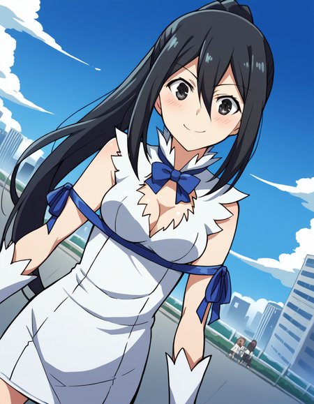 score_9, score_8_up, score_7_up, source_anime, <lora:ryouko-kusakabe-s2-ponyxl-lora-nochekaiser:1>, ryouko kusakabe, long hair, black hair, hair between eyes, black eyes, medium breasts, ponytail,, <lora:hestia-cosplay-ponyxl-lora-nochekaiser:1>, hestiacosplay, hestia (danmachi) (cosplay), blue bow, blue bowtie, bow, bowtie, cleavage, cleavage cutout, clothing cutout, dress, gloves, pencil dress, rei no himo, short dress, white dress, white gloves, blue ribbon, arm ribbon,, outdoors, cityscape, street, smile, blush, , cowboy shot, dutch angle